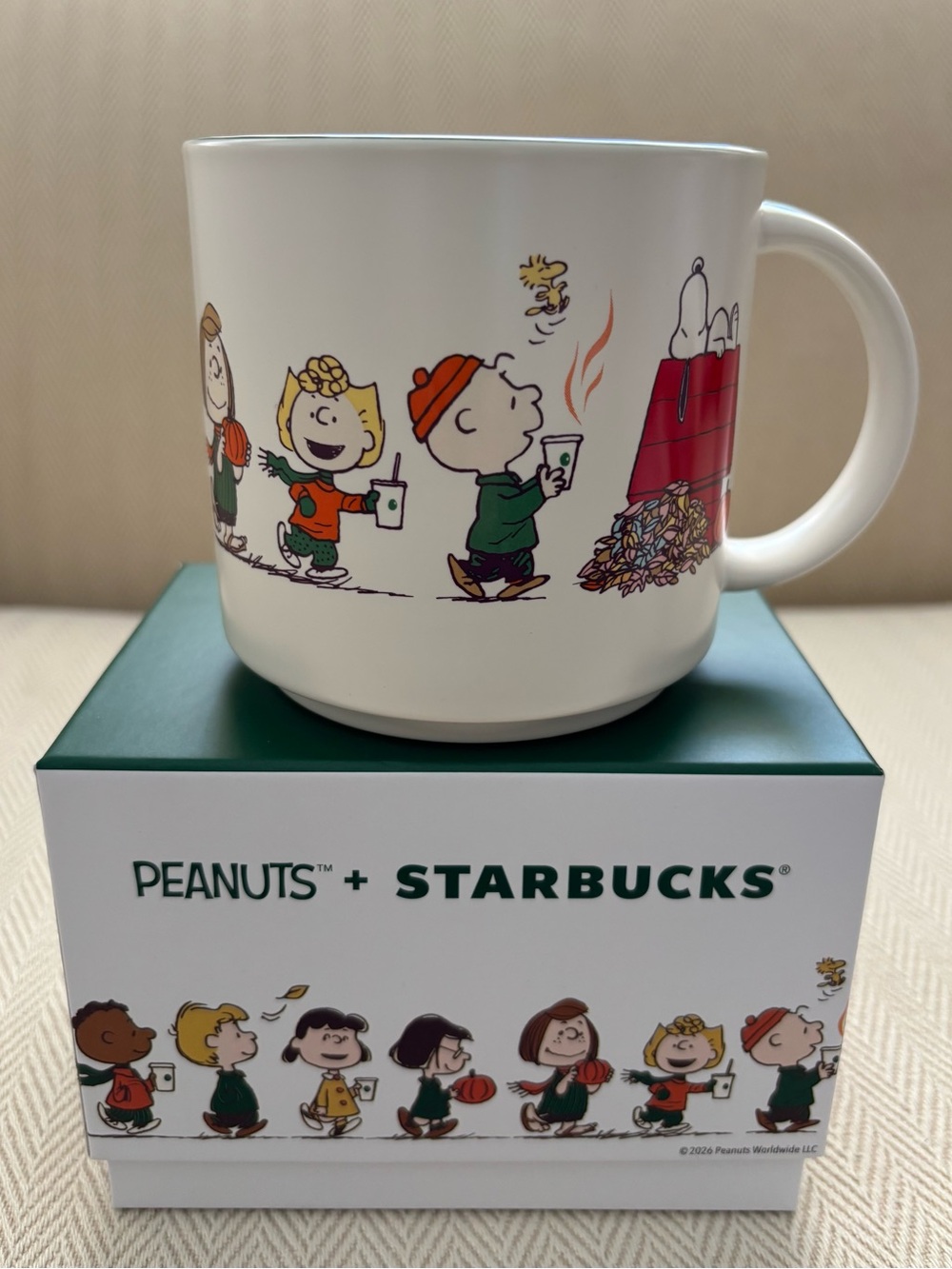 Starbucks White Peanuts Characters Ceramic Mug with Red & Green Accents